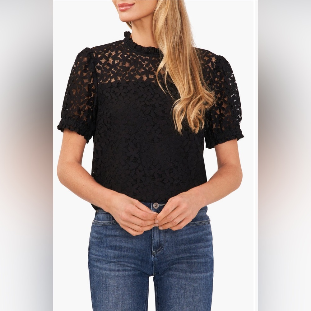 CeCe Black Puff Sleeve Floral Lace Blouse, size XL